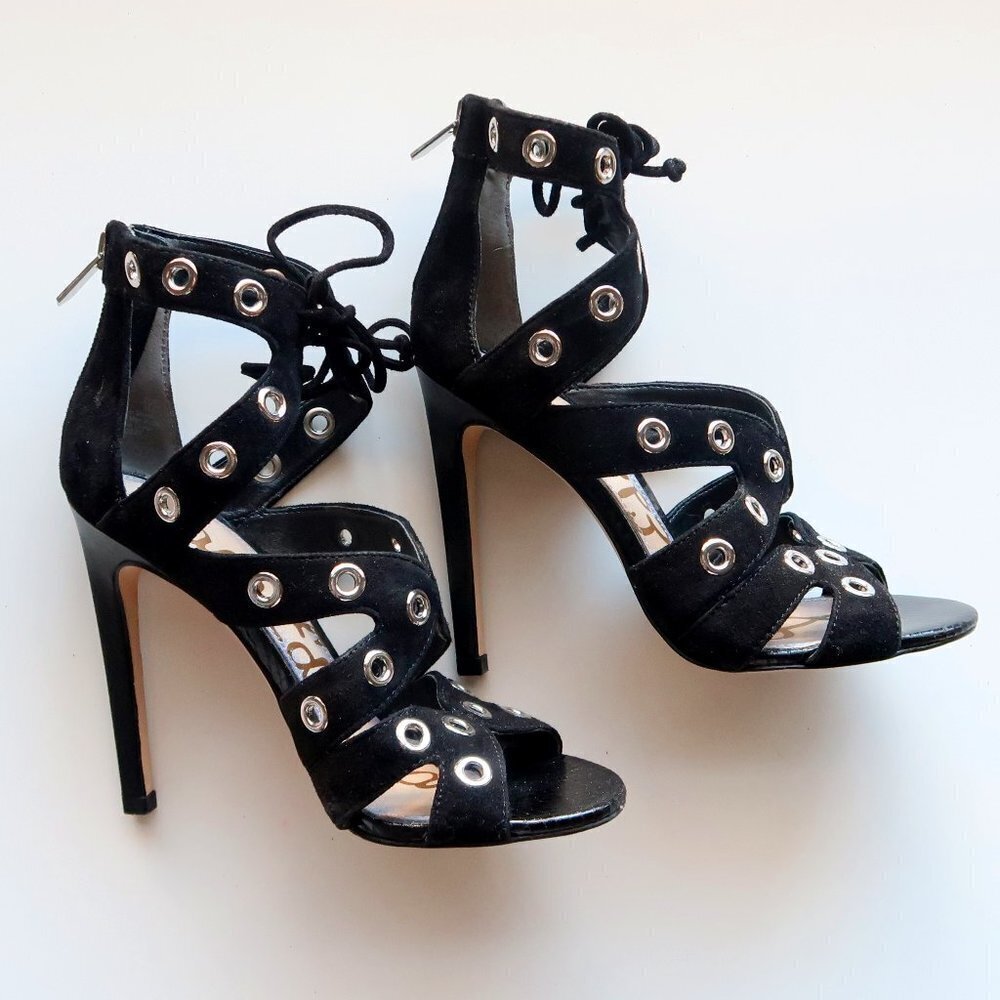 Sam Edelman Black Lace Up Suede Cage Open Toe Pumps / Heels / Sandals / Shoes